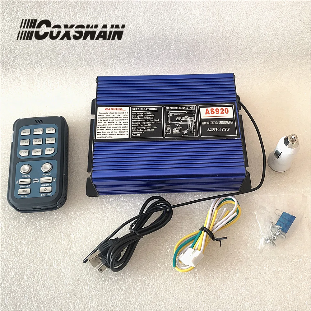 Imagem -02 - Azul 200w sem Fio Veículo Polícia Sirene de Aviso Alarme Chifre Amplificador Extra Magro Speake pa Sistema Kit Dc12v Alarme do Carro As920