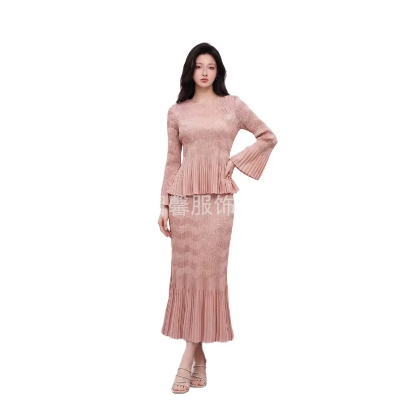 Miyake Pleated 2026 New Spring and Autumn High-End Solid Color Ripple Long Sleeve Ruffle Hem Top High-Waisted Fishtail Suit