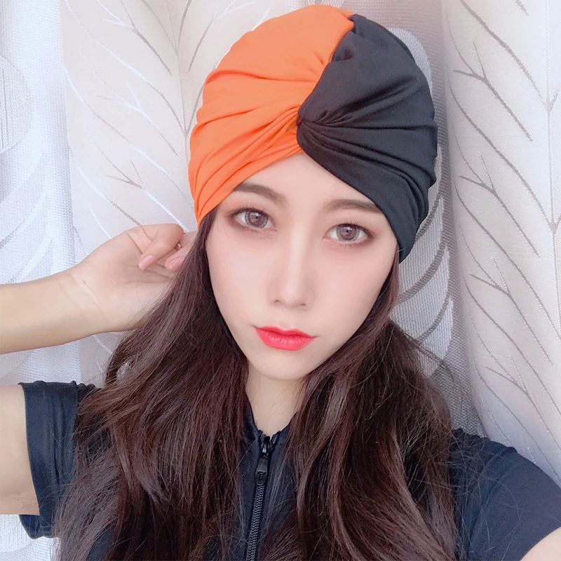 Two Tone Splicing Pool Bathing Cap Swimming Hat for Women Water Sports High Elastic Yoga Long Hair Large Pleated Knotted Turban