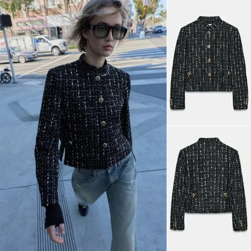 

High Neck Metallic Textured Cropped Blazer Gold Buttons Elegant Office Commuter Style Spring Autumn Jacket