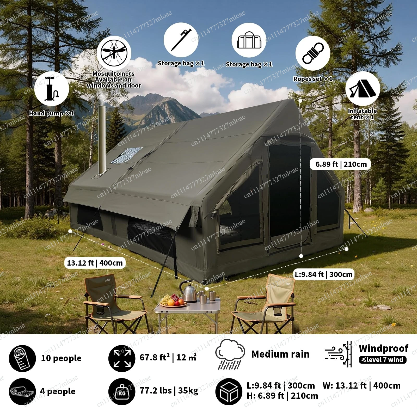 Inflatable camping tent, windproof/rainproof, breathable 300D Oxford cloth, built-in stove interface, quick pump