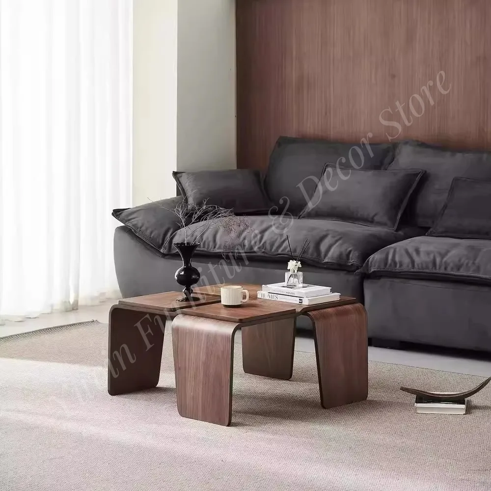 Modern Medieval Square Walnut Black Living Room with High-End Low Coffee Table