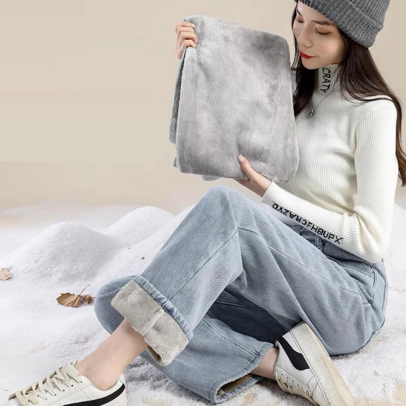 Women Winter Velvet Jeans Korean Fashion High Waist Denim Trousers All-Match Fleece Lined Stretch Wide Leg Pantalones Vintage