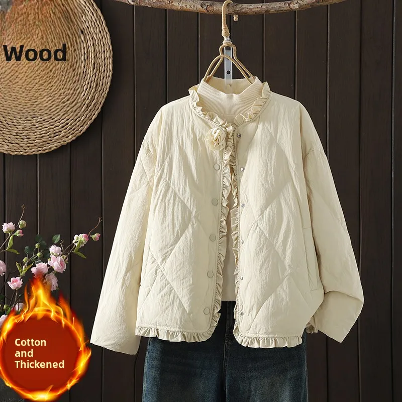 

Retro Loose Fit Lightweight Padded Cotton Jaet Women's 3D Flower Embellied Wood ain ort Sle Winter Coat