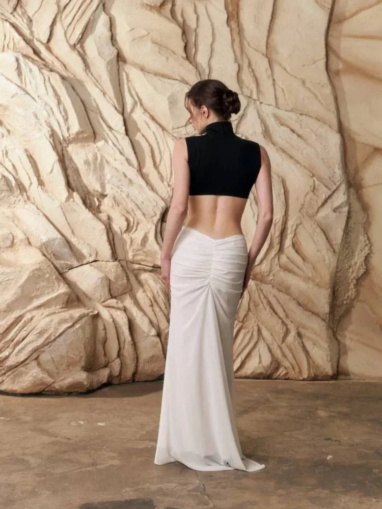 شيك التباين المرقعة مطوي فستان طويل مثير الجوف خارج عالية طوق سليم صالح Vestidos للنساء 2025 عطلة الشارع العباءات