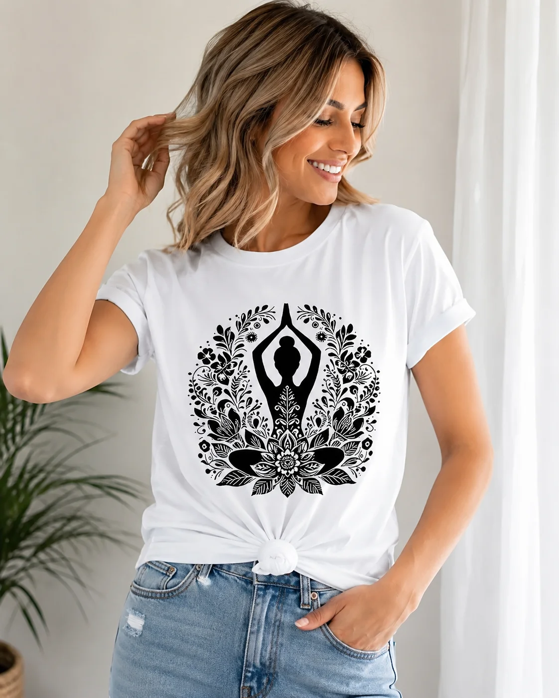 Lotus Mandala Printed Women's T-shirt Bohemian Design Breathable and Comfortable Round Neck Casual Top for Four Seasons Wear