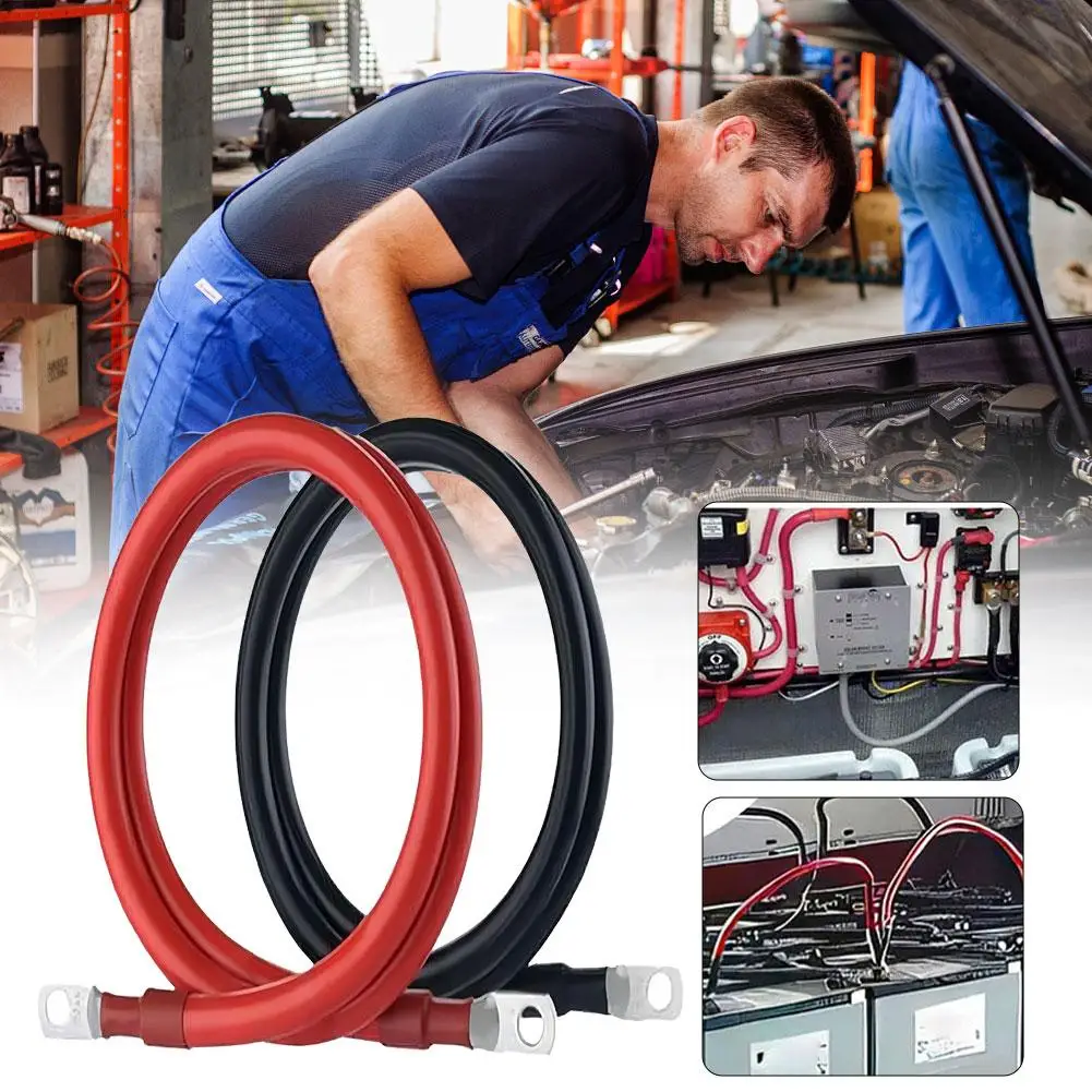 2AWG 19 Inch Heavy Duty Pure Copper Battery Cable Set 1 Positive 1 Negative 3/8 Inch M10 Thickened Terminals For Car Solar P2E3