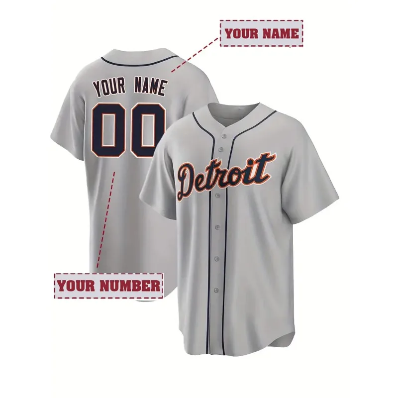 

Customized Name And Number Men's Embroidery Baseball Jersey Detroit Grey V-Neck Personalized Short Sleeve Button Down Shirts