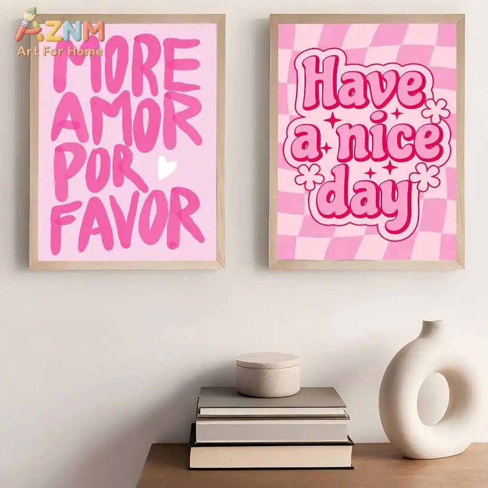 AZNM Pink Preppy Quote Canvas Wall Art, Love Yourself & Positive Affirmation Print, Trendy Room Decor