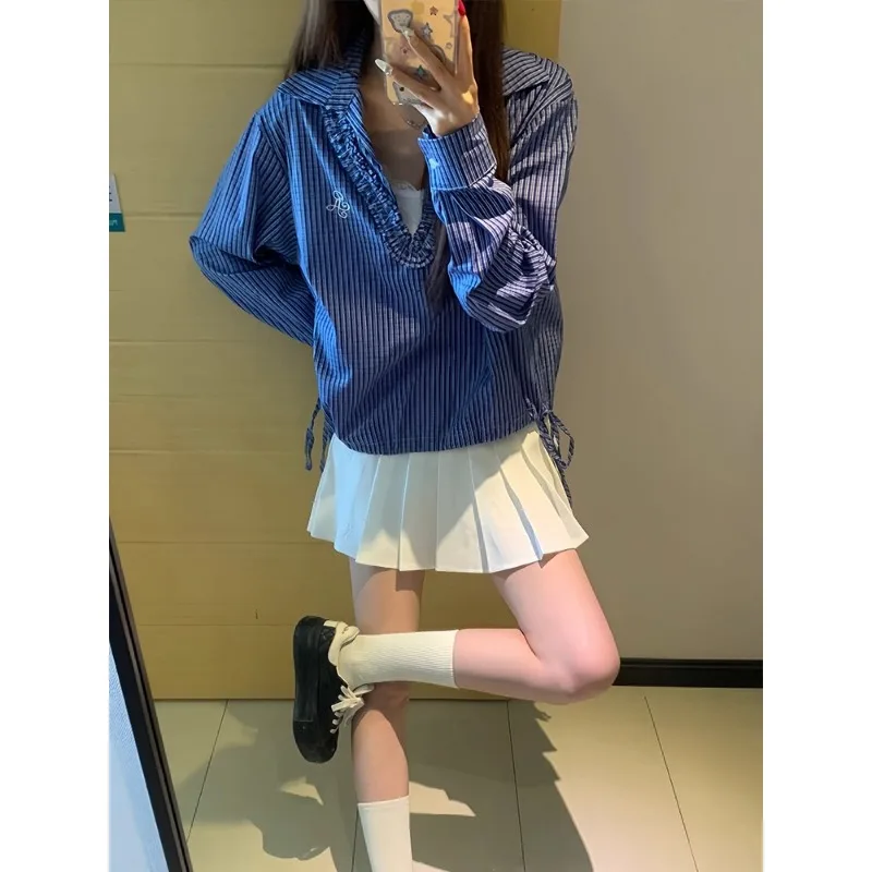 Chemise à carreaux à manches longues pour femmes, col en v, Style Preppy doux, chemise à bandes Y2K, pull brodé, mignon, confortable, haut pour femmes, printemps