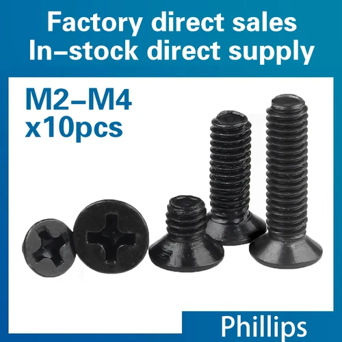 10 Uds./lote M1.6 M2 M2.5 M3 M3.5 M4 negro 304 tornillos avellanados de cabeza plana cruzada de acero inoxidable