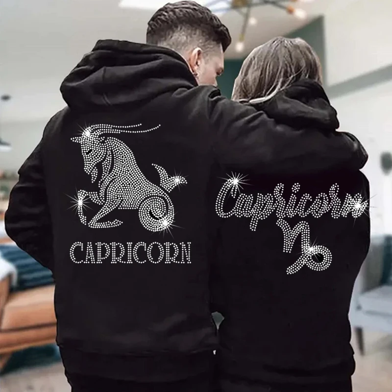 Harajuku Mens Loose Sweatshirt Hoodies Black Capricorn Rhinestone pocket Hoody Male Casual Punk Jacket Unisex Pullover Clothing