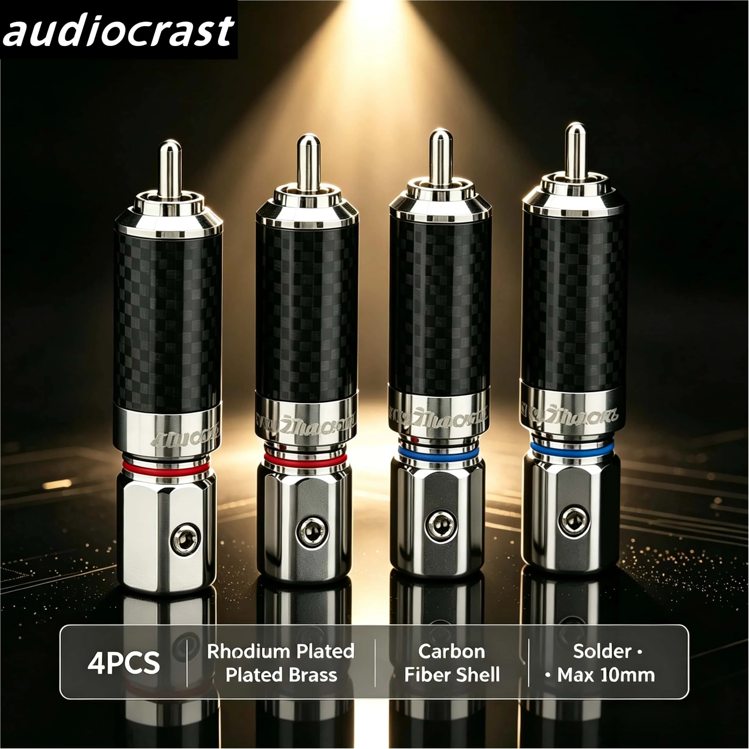4PCS Audiocrast Rhodium Plated Brass RCA Male Plug Solder Type Carbon Fiber Shell DIY Audio Connector Red Blue Max 10mm Wire