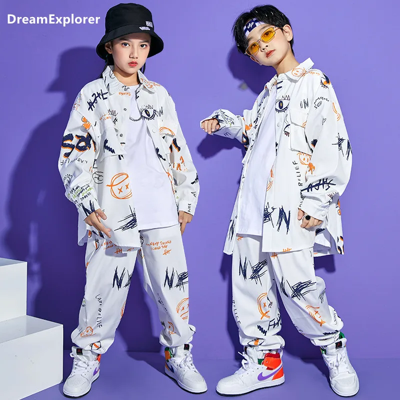 

Boys Street Dance Long Sleeve Graffiti Jacket Loose Joggers Girl Hip Hop Cool Shirt Print Sweatpants Clothes Set Kids Streetwear