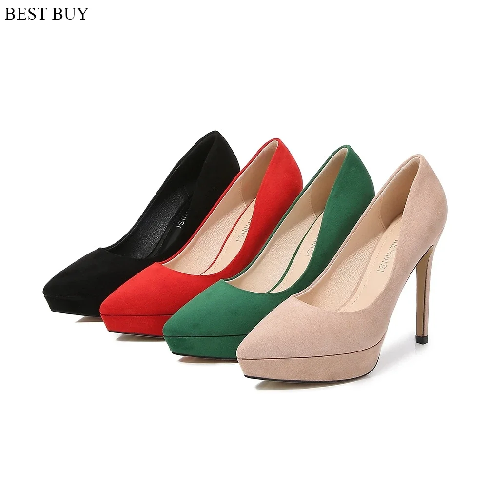 Sexy Black suede Leather Double-Layer Water Platform Pumps Pointed Toe Stiletto High Heels All-Match Office Elegant Women Shoes