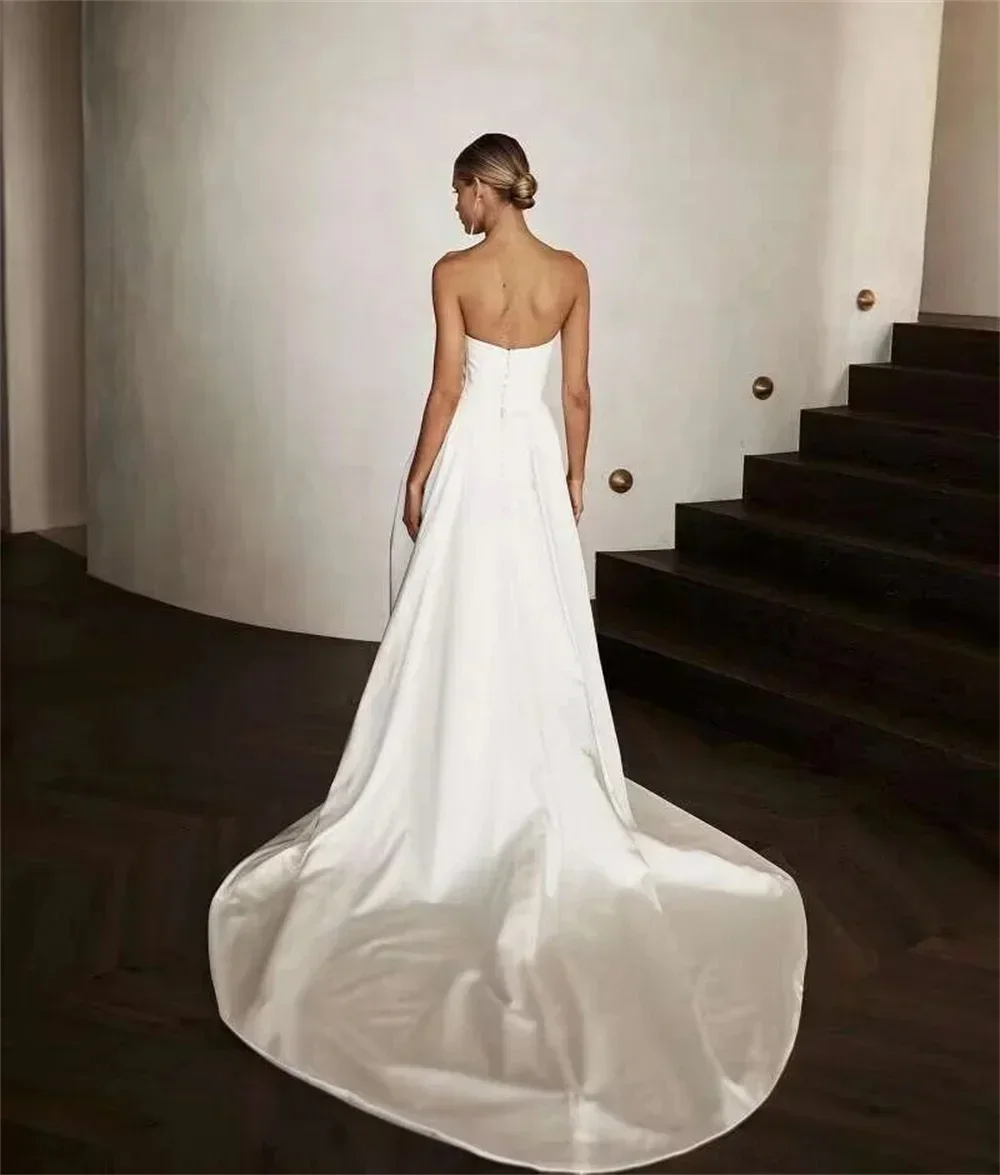 Customized White Sweetheart Neck Mermaid Wedding Dresses Satin High Split Removable Train Zip Bride Gown Satin Party Dresses