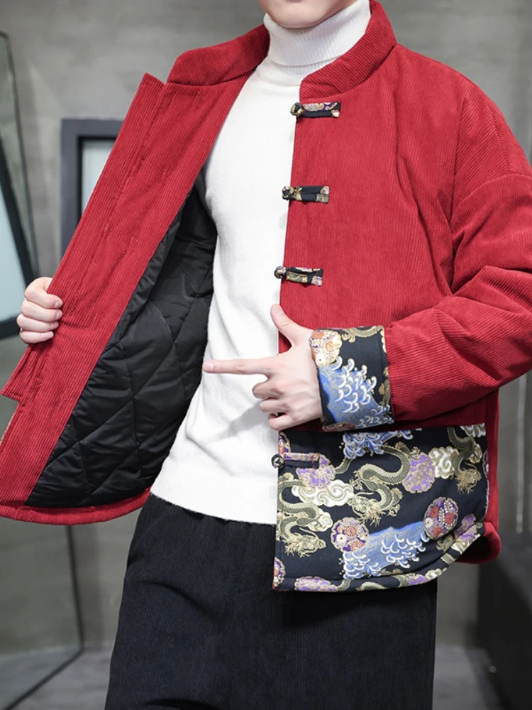 

Новая китайская мужская хлопковая куртка из вельвета с этническим воротником, на пуговицах, теплая, модная зимняя куртка для молодежи, повседневная