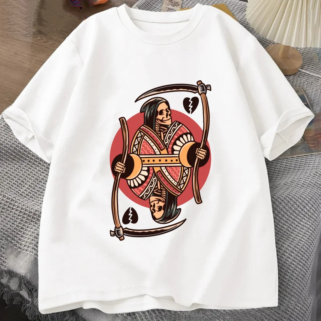 T-shirts décontractés respirants à manches courtes pour hommes, imprimé vintage rouge avec fond rond, motif Grim Reaper, crâne et cœur brisé, pour l'été