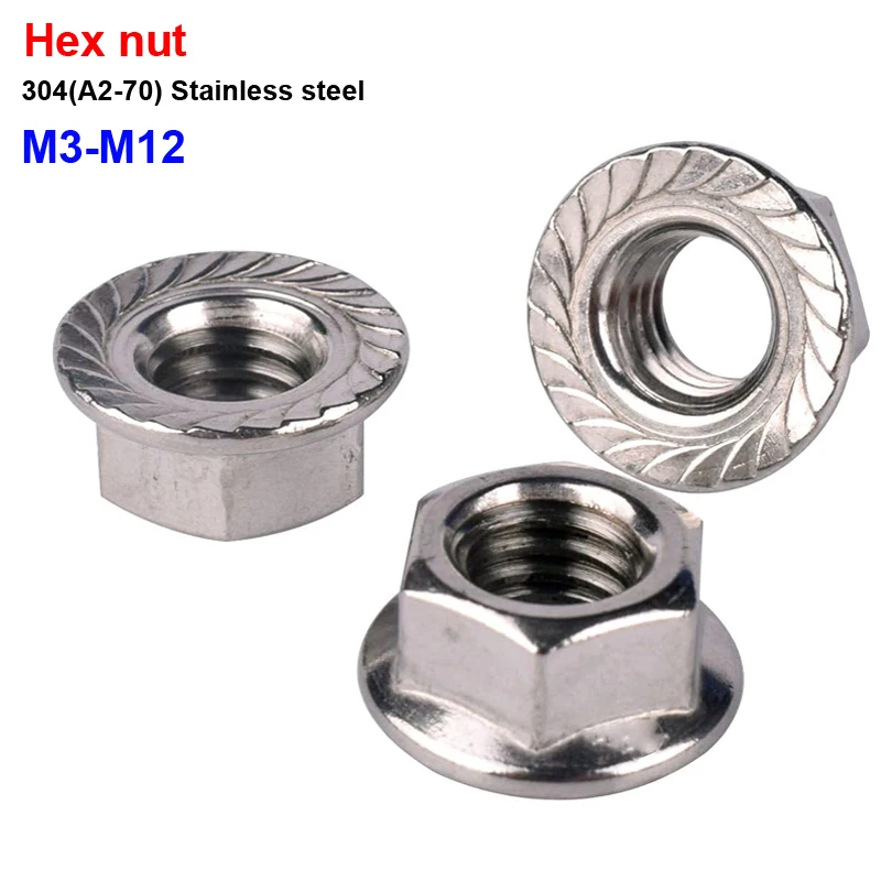M3 M4 M5 M6 M8 M10 M12 Hexagon Flange Nuts 304 Stainless Steel Pinking Automatic locking nut DIN6923 Serrated Spinlock