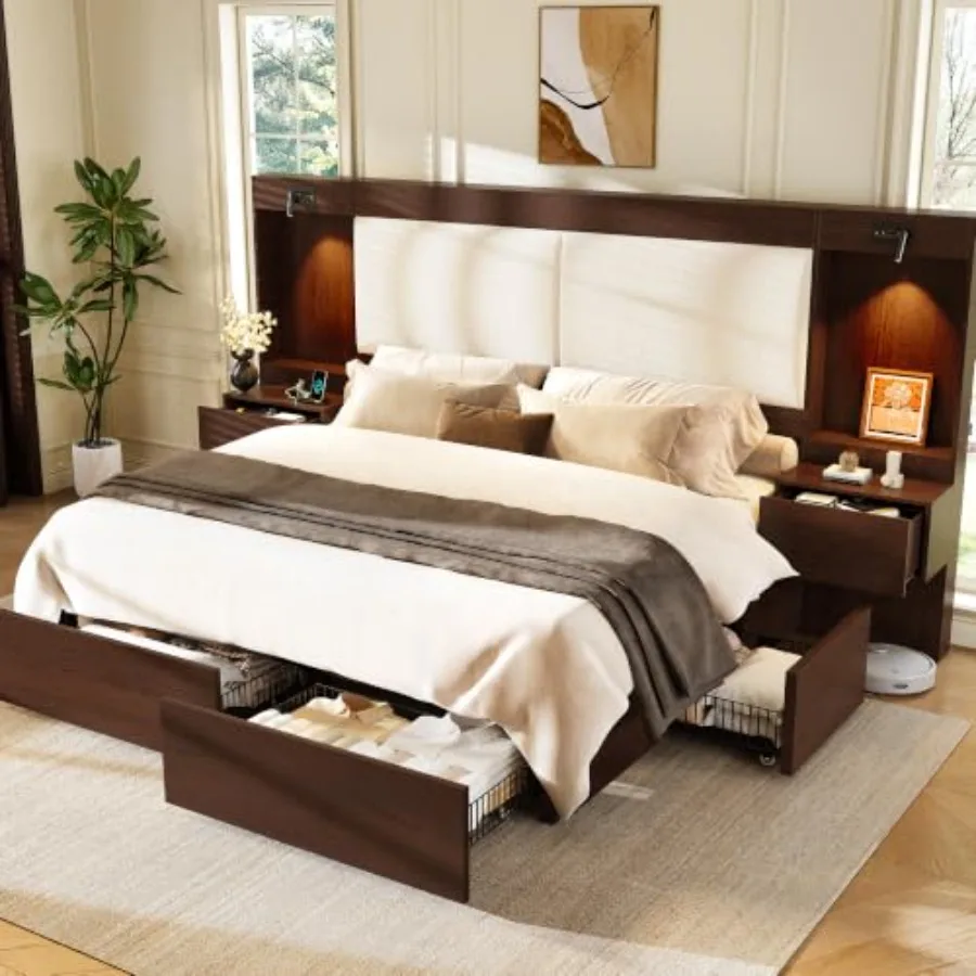 Queen Bed Frame with Headboard Nightstands, Charging Station for Bedroom Use, Solid Wood, Walnut Finish, Built-in USB Ports and