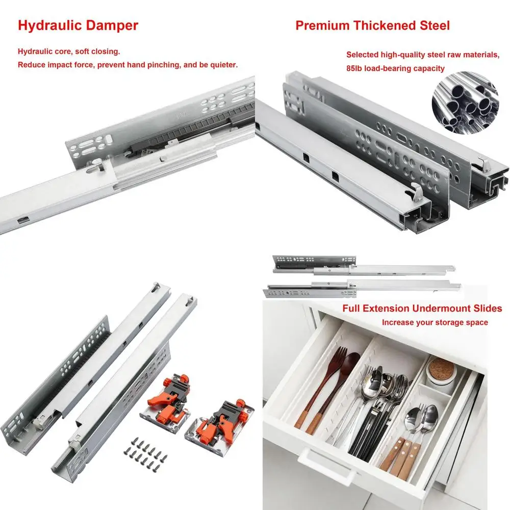 

18 направляющих для выдвижных ящиков с плавным закрыванием, нагрузка до 100 фунтов, полный выдвижной ход, скрытые направляющие, 3D-фиксация