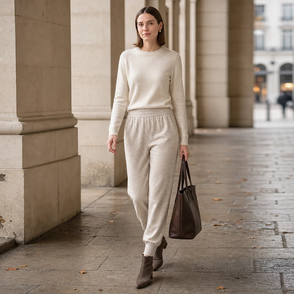 MZ62127 Women's Minimalist Knit Jogger Pants High Waist Elastic Tapered Soft Modal Blend Casual Trousers Autumn Winter