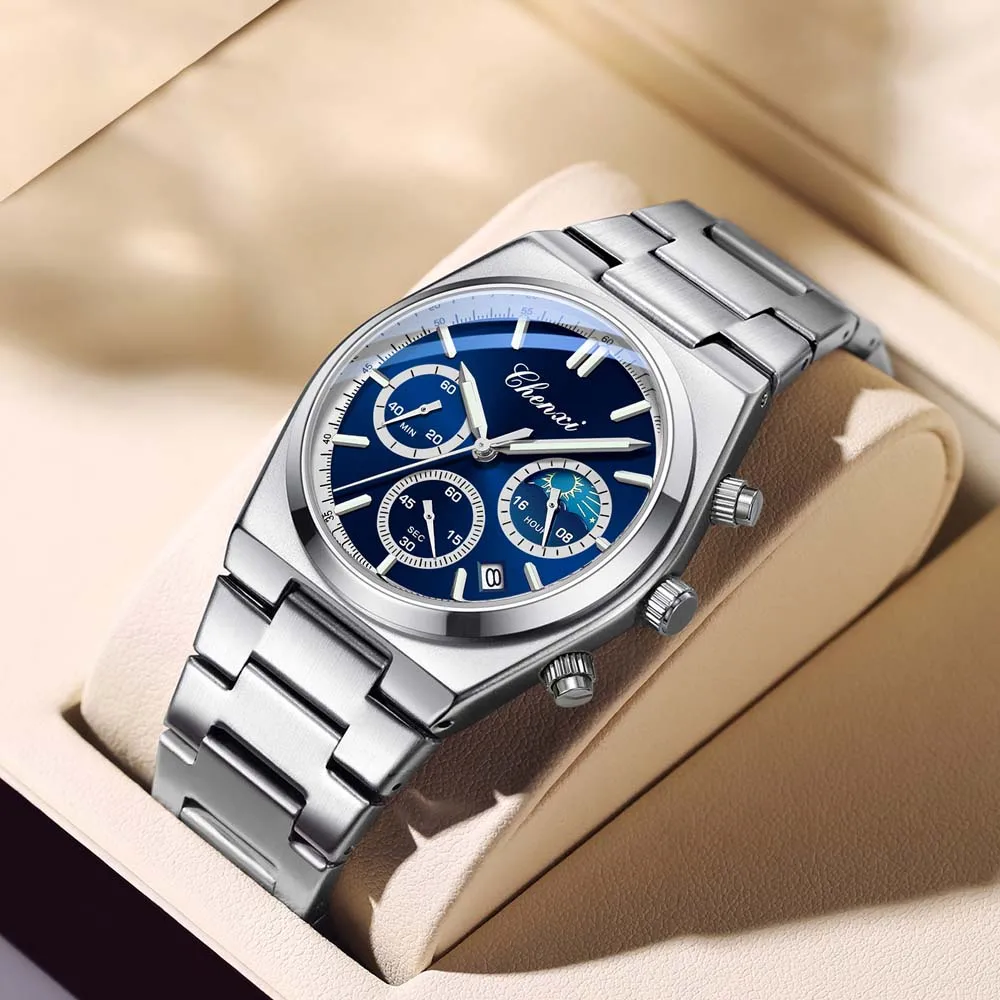 

CHENXI мужские многофункциональные часы с календарем и хронографом фазы Луны, стильный ремешок из нержавеющей стали, светящиеся водонепроницаемые наручные часы