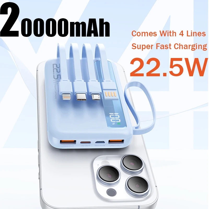 آيفون Xiaomi سامسونج 20000mAh 22.5W شحن سريع للغاية شاشة رقمية ذكية مع أربعة كابلات مدمجة باور بانك portátil
