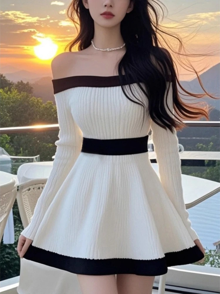 Black White Contrast One Shoulder Dress Women French Elegant Long Sleeve Slim Dresses Autumn 2025 Korea Casual Knitted Clothes