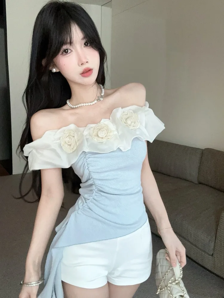 

Pure Desire Style Floral Sash Short Sleeve T-Shirt Women's Summer Design Slimming Waist Cinched Sweet Top Korean Version Comm...