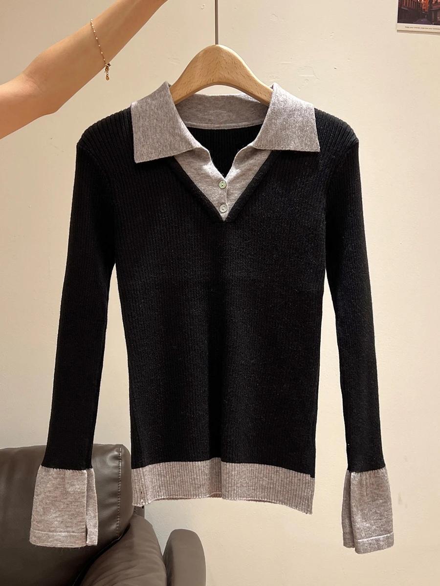 Pull tricoté femmes pulls nouveau à manches longues col rabattu Patchwork tricot pull haut pour femme femmes vêtements Q1357