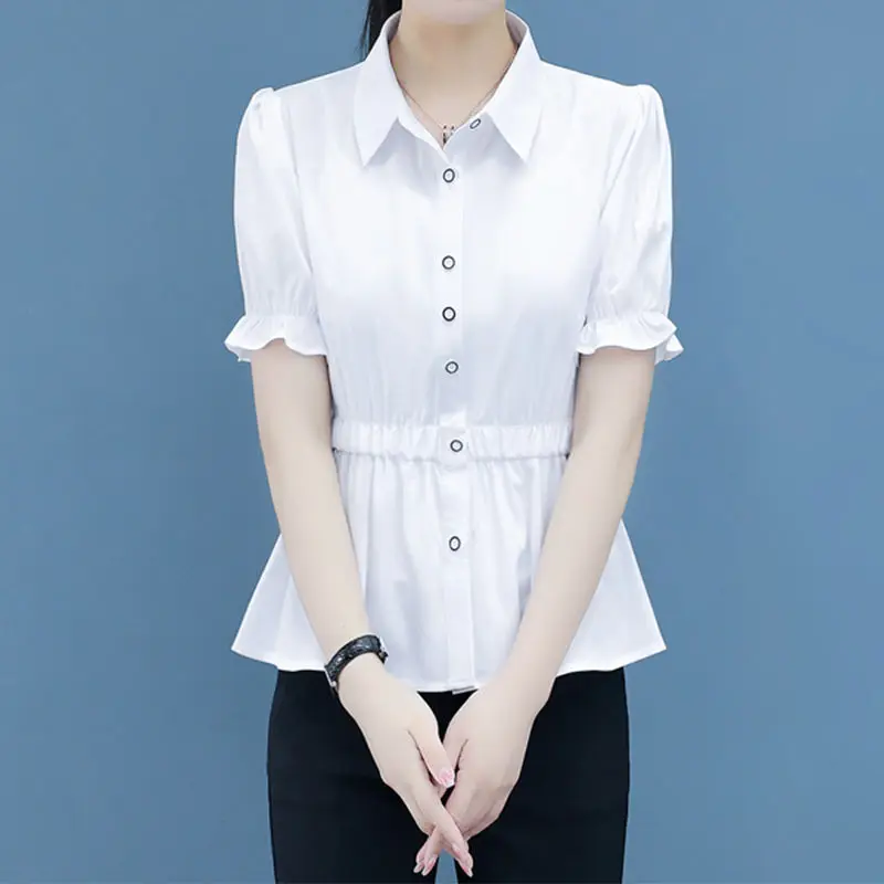 2024 Zomer Korte Mouw Effen Kleur Taille Shirt Vrouwen Forensenslanke All-Match Polo-Hals Knoopblouse Elegante Dameskleding