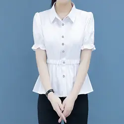 Blusa de manga corta para mujer, camisa de cintura de Color liso, ajustada, combina con todo, con cuello de Polo y botones, ropa elegante para verano, 2024