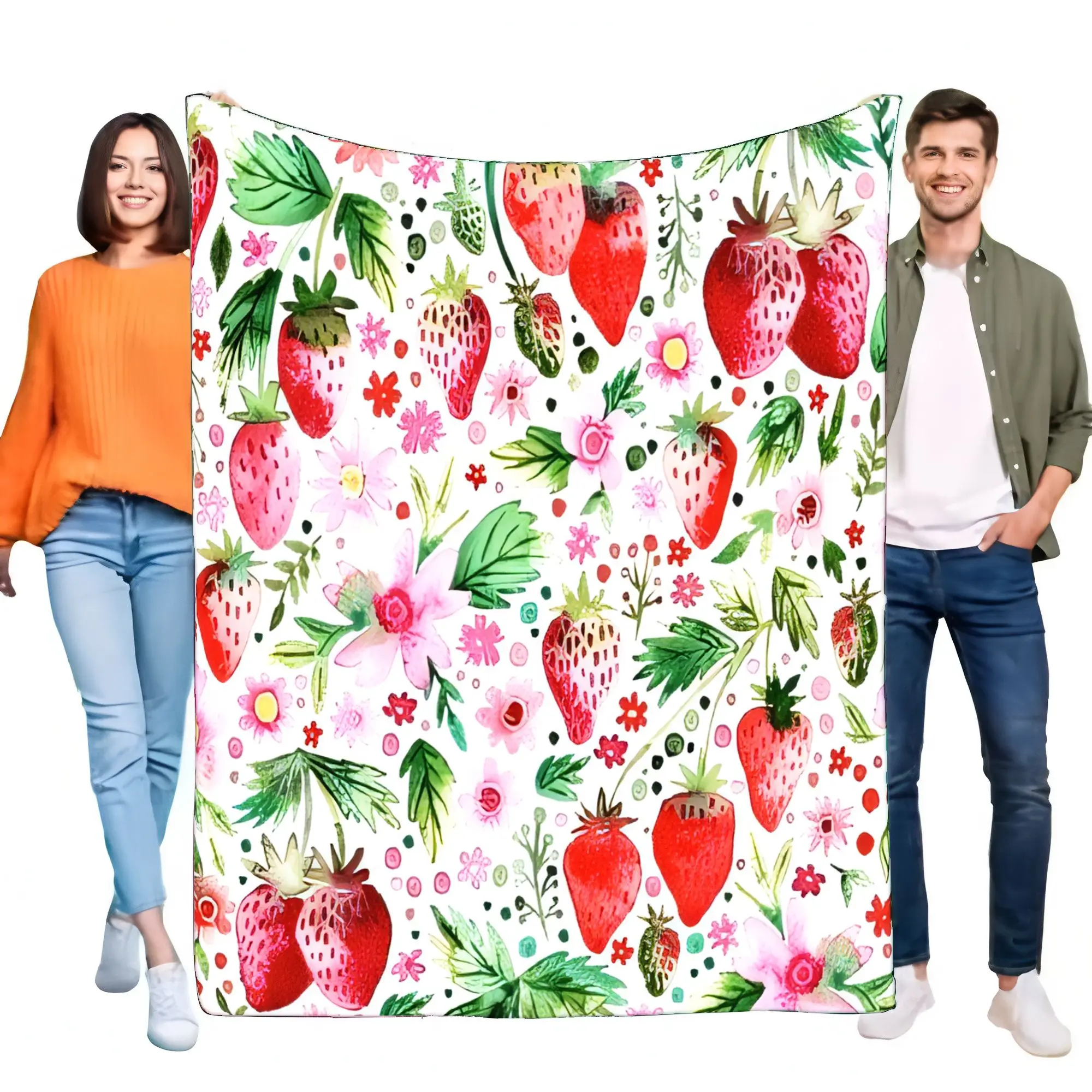 Cobertor floral de morango vibrante, leve, macio, sofá-cama, envoltório de piquenique aconchegante, perfeito para atividades ao ar livre e casa
