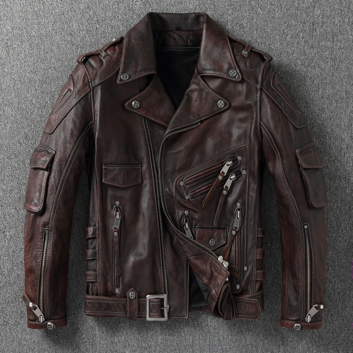 

Heavy Du LeatherMen's Motorcycle Biker Vest Detachable Inner Vest ort Sle Coat Top Layer Cowhide Warm Winter