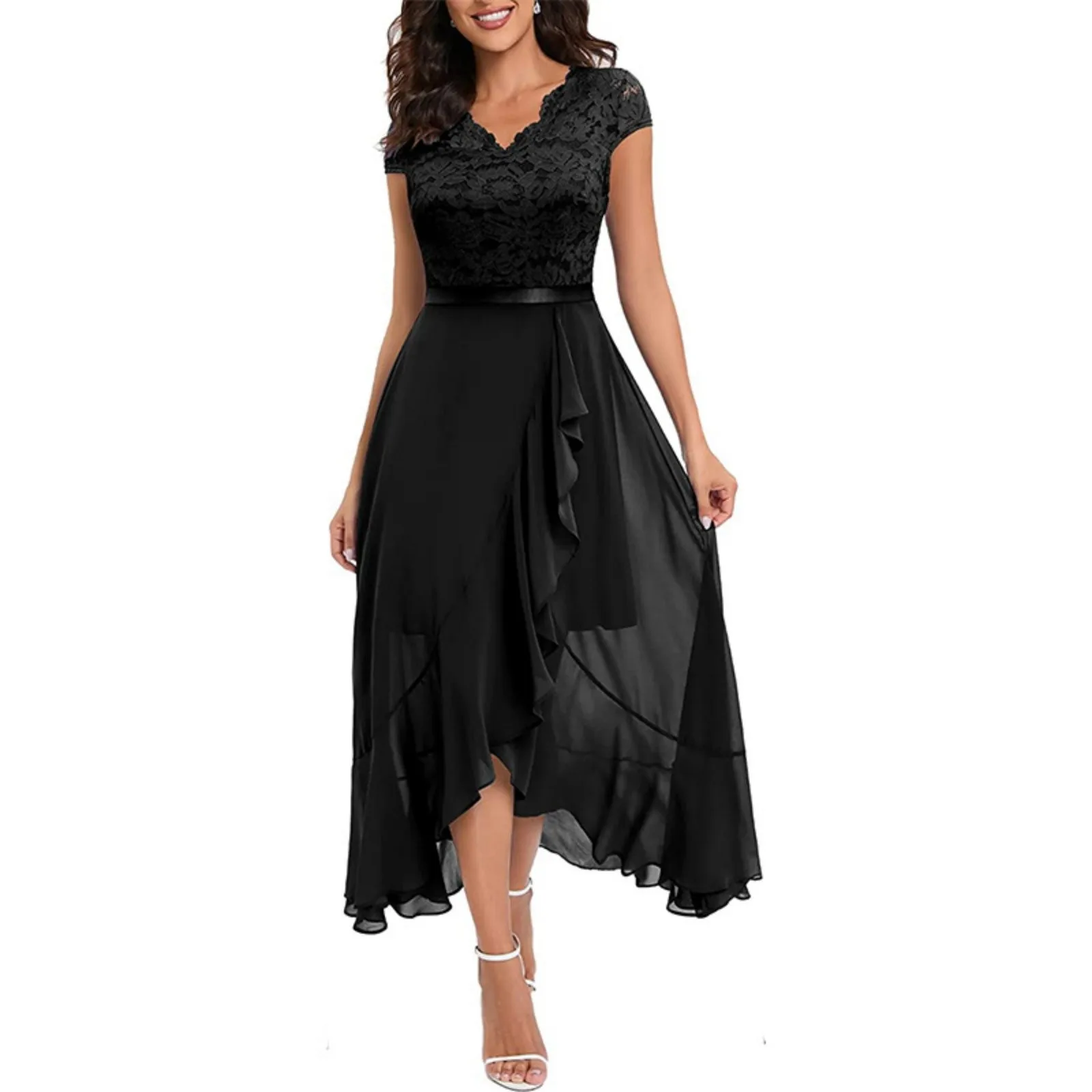

Fashion Holiday Dress Waist Tight All-matched Women Dress Lace Stitching Slim Fit Party Robe Ladies Long Banquet Dress