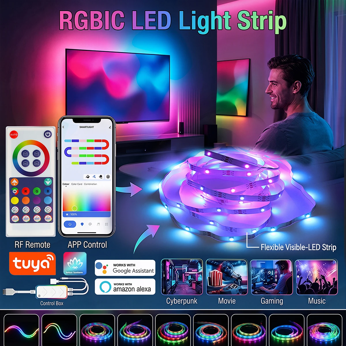 Smart LED Strip Lights with Bluetooth APP Control USB 5V RGBIC LED Strip Adjustable Brightness for Bedroom Decor Atmosphere Lamp