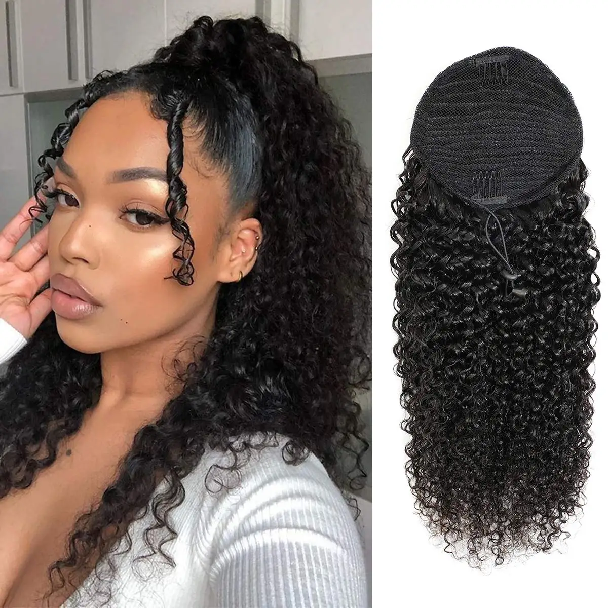 Curly Clip Ponytail Human Hair Brazilian Virgin Kinky Curly Human Hair Drawstring Ponytail Extension For Black Women