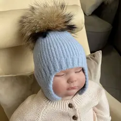 JANEFUR-Kids Real Fur Pom Pom Hat, Thick Warm Beanie with Earflaps, Children's Cashmere Winter Bobble Hats, Wholesale