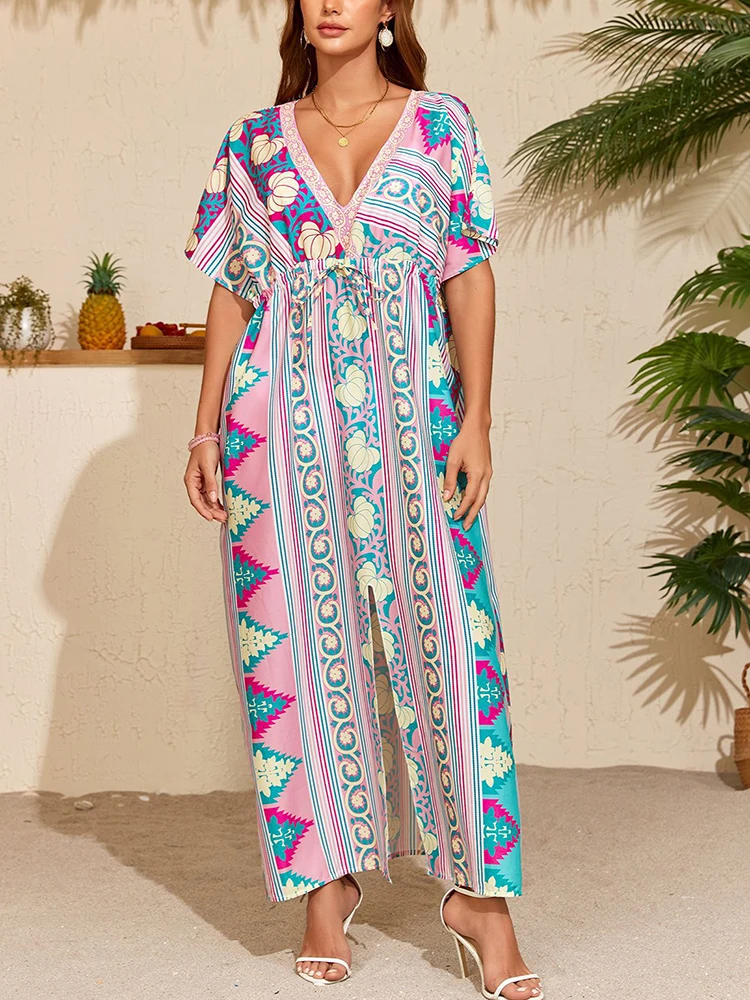 Letnia damska sukienka z krótkim rękawem, w stylu casual, wykonana z poliestru, nowa, modna, z nadrukiem, dekolt w serek, rozmiar uniwersalny.