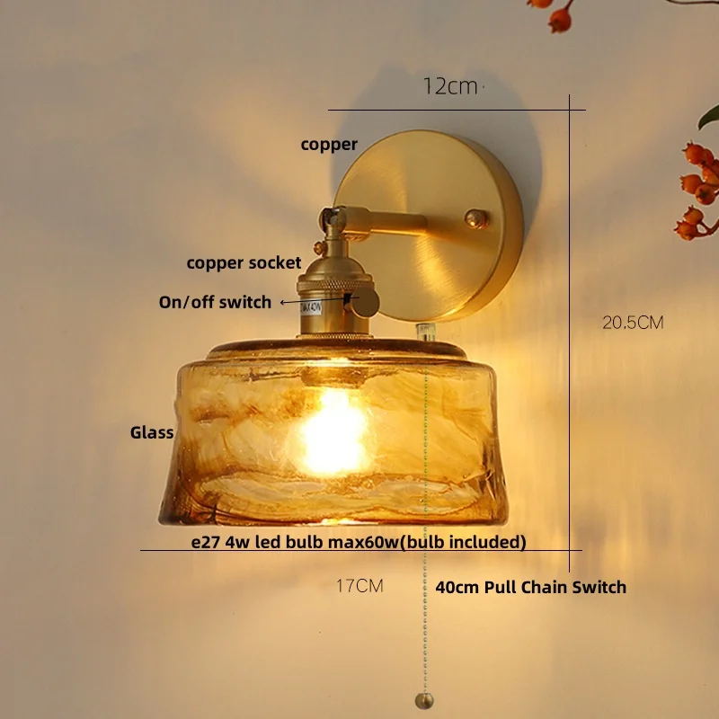 IWHD Amber Vintage LED Wall Light Fixture Reading Restaurant Dining Room Up Down Rotate Pull Chain Switch Bedroom Bedside Lamp