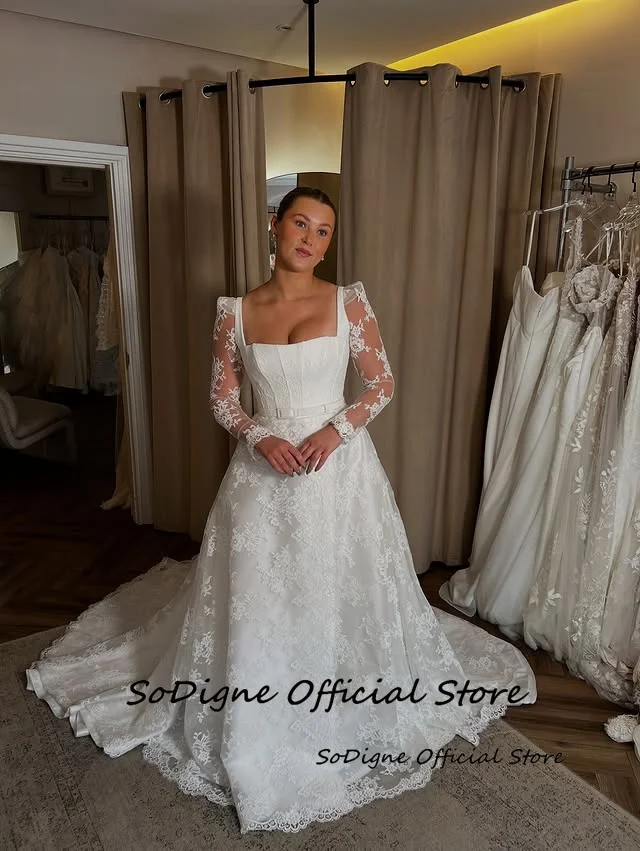 SoDigne Kant A-lijn Trouwjurk Vierkante Kraag Volledige Mouwen Bruid Jurken Boho 2025, Bruidsjurken vestidos de novia Aangepaste