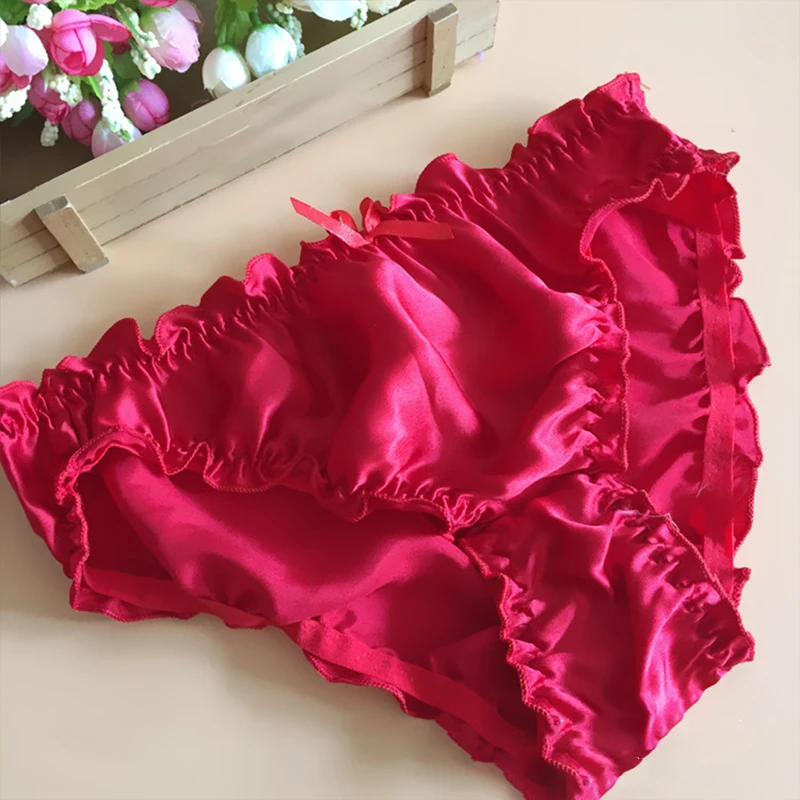 Sexy Women 100% Natural Silk Briefs Panties Summer Large Size Bow Ruffles Female High Quality Breathable Comfortable Lingerie