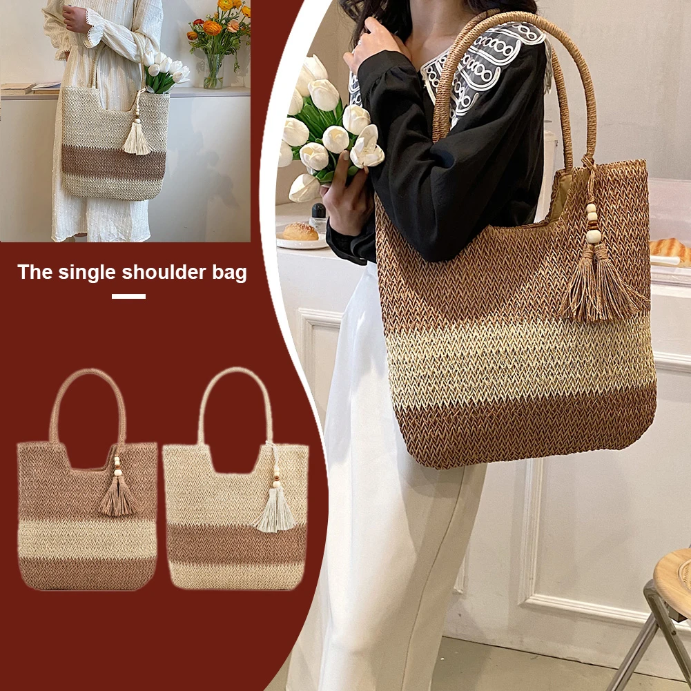 

Summer Hand-Woven Handbags Contrast Color with Tassels Straw Woven Bag Large-Capacity Handmade Fashion Casual Simple for Travel