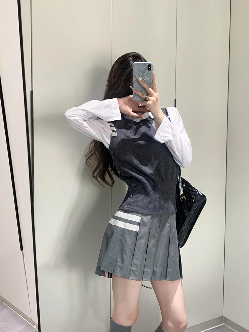 TB THOM Swetry damskie Kamizelka Luźne noszenie It Outside Kolokacja Pulowery Wysokiej jakości moda Casual 4-Bar Striped Top