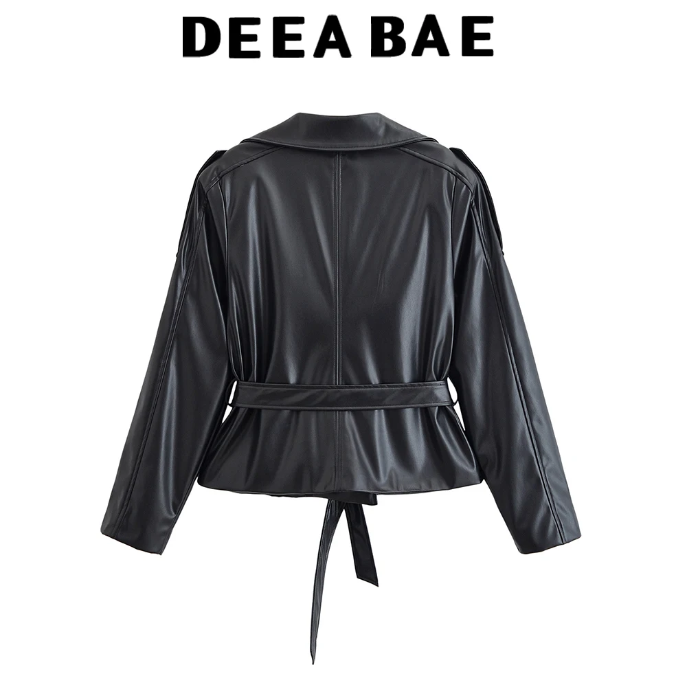 DEEABAE خريف منتج جديد للمرأة نمط قصير حزام جلد تقليد كم طويل سترة واقية قصيرة معطف جلد سترة #2