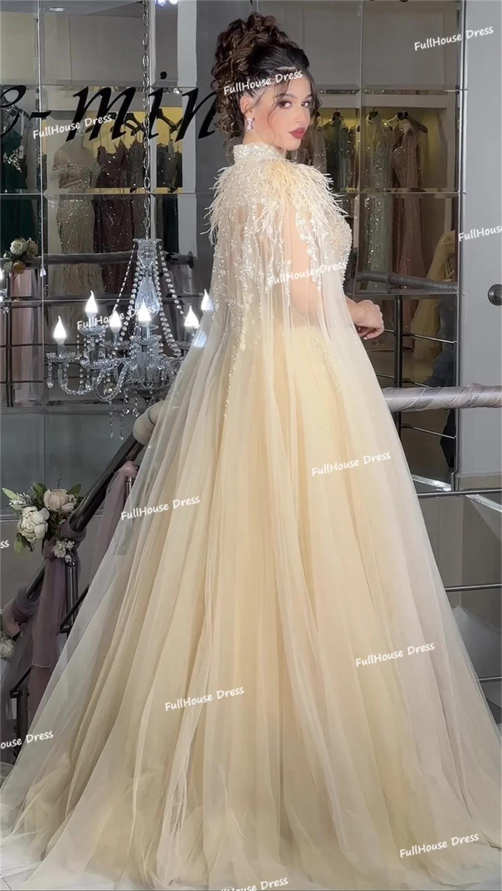 Custom Made Fantastic V-neck Tulle A-line Beading Shiny Evening Dress Floor Length Backless Feathers Party Dress with Train