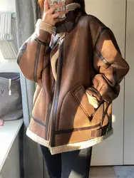 2023 New Winter Faux Fur Parka Bomber Cool Leather Jacket Loose Lambskin Motorcycle Coat Long Sleeve Zipper Moto Biker Outwear