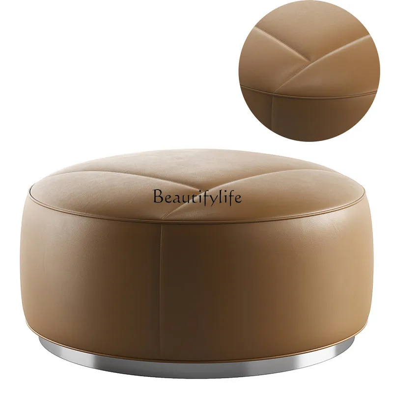 

Italian light luxury round sofa stool living room home ecological leather simple low stool