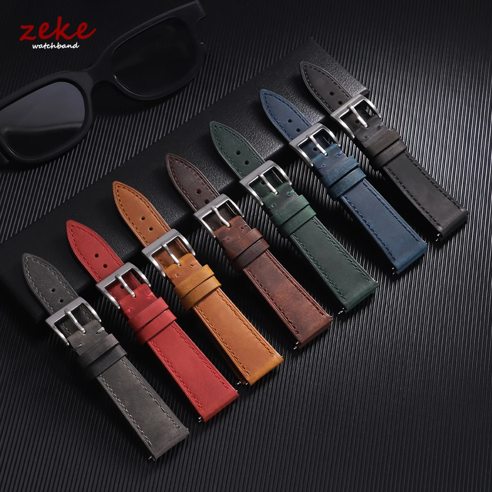 Quick Release Vintage Leather Watch Band Stitching Cowhide Strap for Omega 18/19/20/21/22/24mm Brown Wrist Bracelet for Seiko image 2